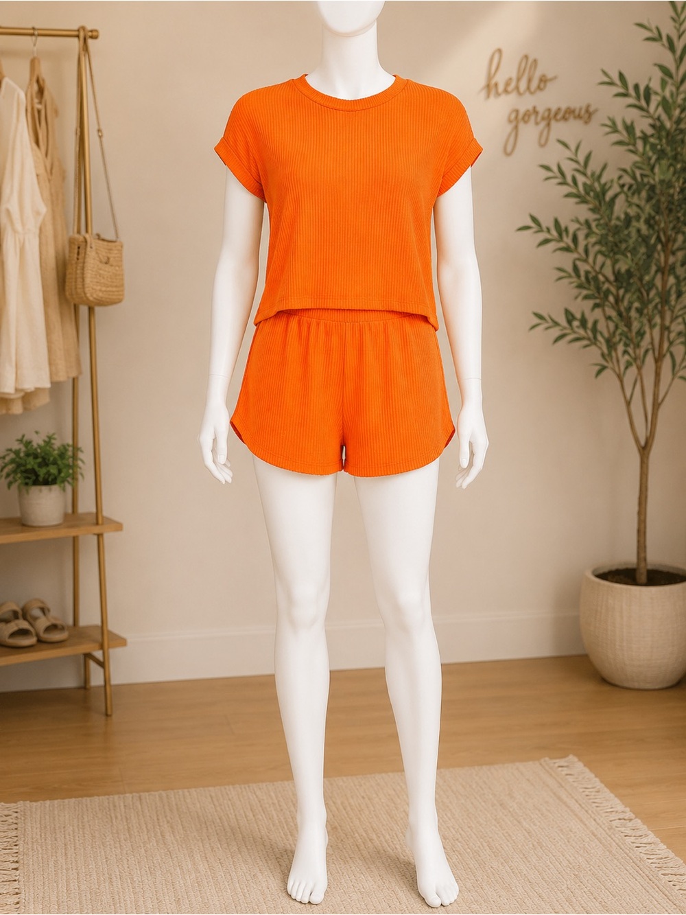 Lovely Melody Orange Ribbed Lounge Shorts Set